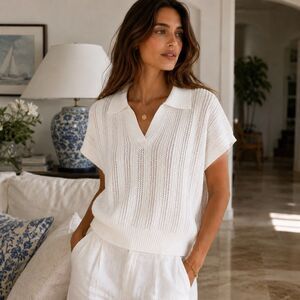 Stella V Neck Collar White Knit Honeycomb Cap Sleeves Retro L